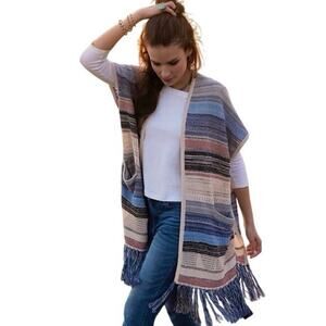 Liverpool Sleeveless Cardigan Sweater w/ Fringe Blue & Multi Color Medium, Large